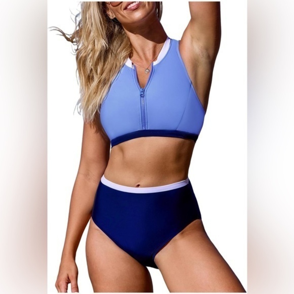 CUPSHE Bikini Sets‎ 2 Piece Bathing Suit High Waisted Racerback Front Zipper Med